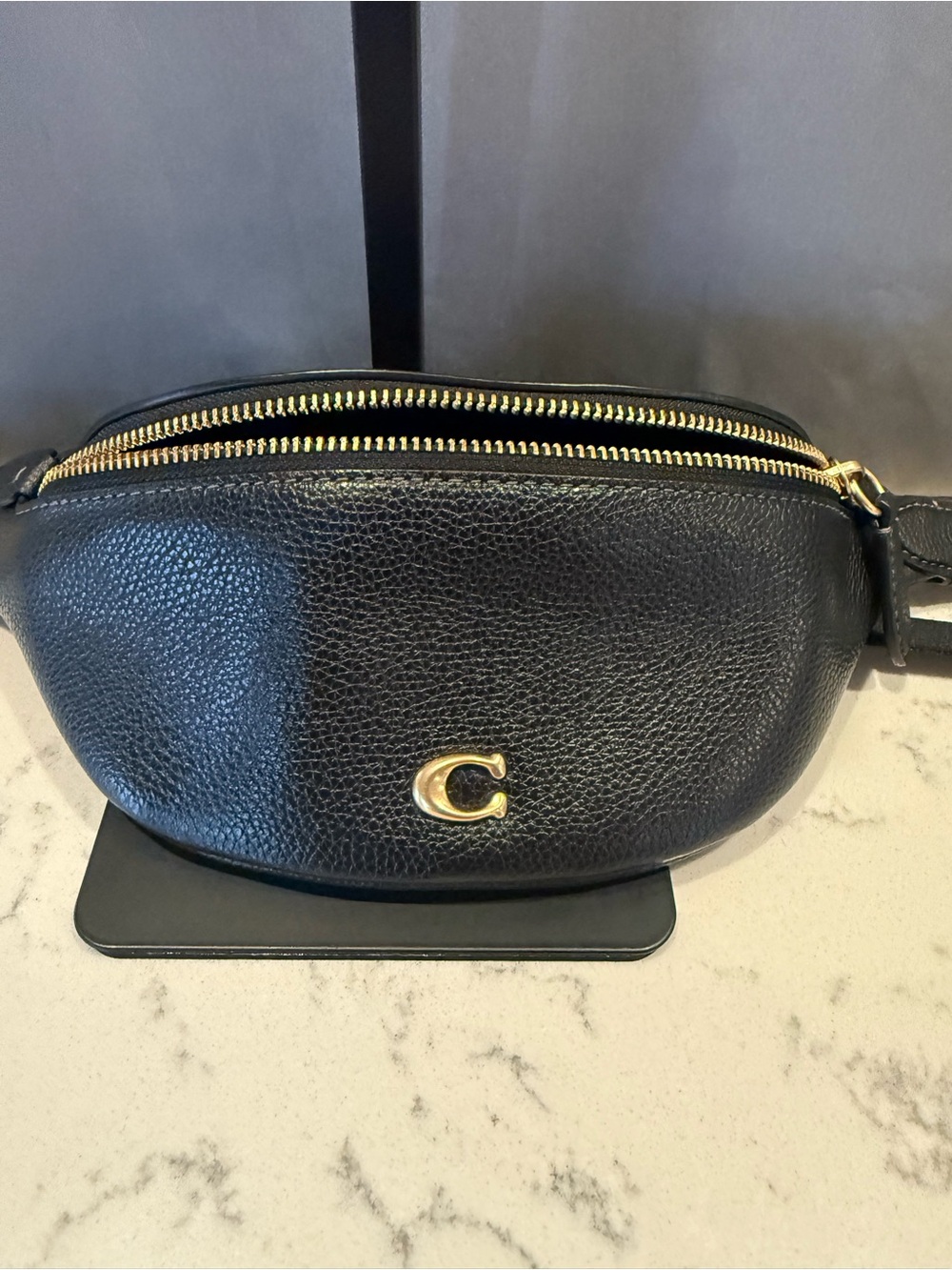 Coach Black Pebbled Leather Mini Belt Bag with Gold 'C' Accent